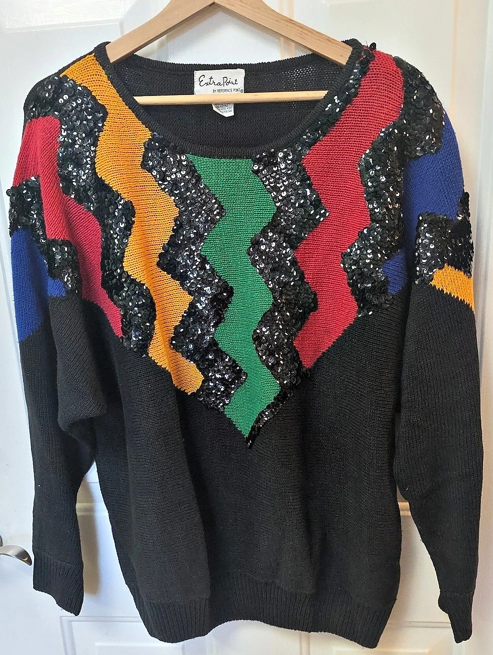 Vintage 90's Extra Point Sequin Geometric Sweater in Black & Multicolor